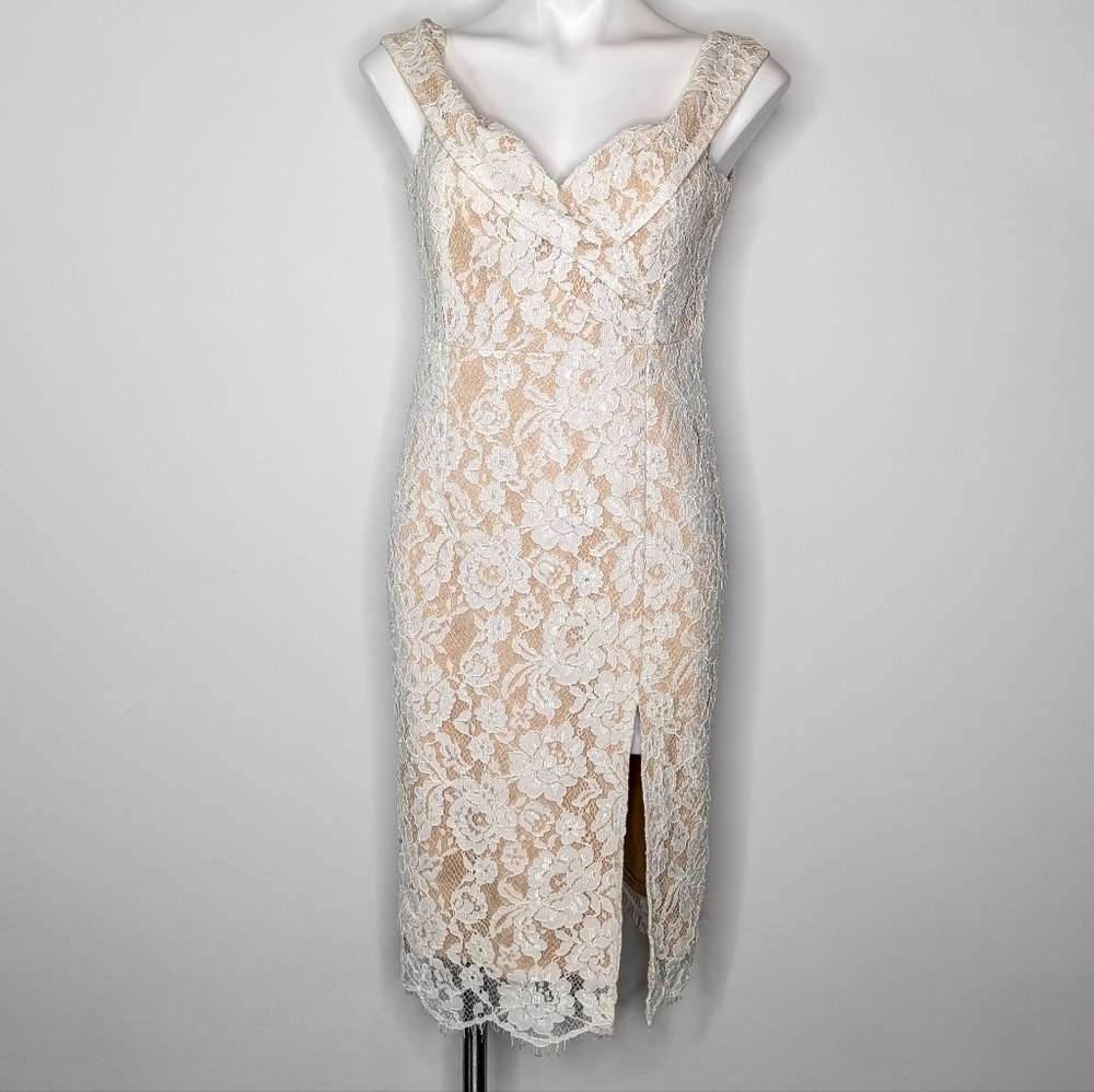 Lulu's off the shoulder v neck white tan lace dress L